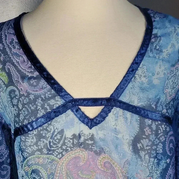 Vintage Y2K Nancy-K Sheer Blue Paisley Boho Bell Sleeve Blouse sz M - Picture 2 of 9
